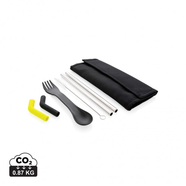 Tierra 2-teiliges Trinkhalm- und Besteckset, schwarz