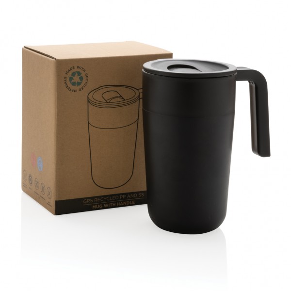 GRS recycelte PP und Stainless Steel Tasse mit Griff, schwarz
