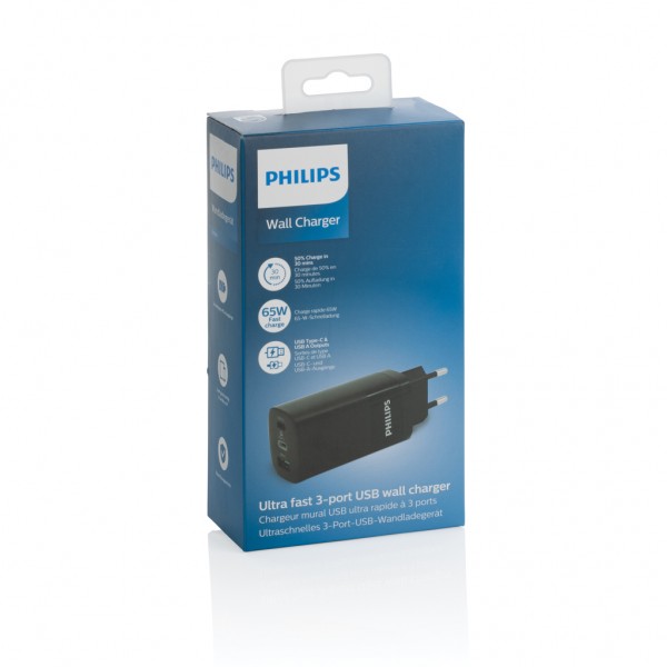 Philips 65W Ultra-Schnell-PD 3-Port-USB-Wandladegerät, schwarz