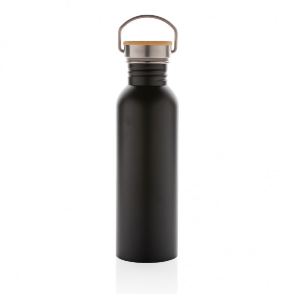 Moderne Stainless-Steel Flasche mit Bambusdeckel, schwarz