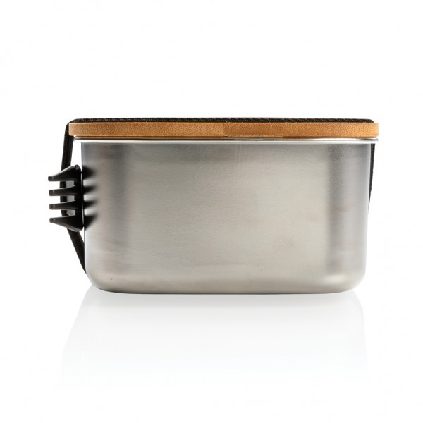 Stainless Steel Lunchbox mit Bambus-Deckel und Göffel, silber