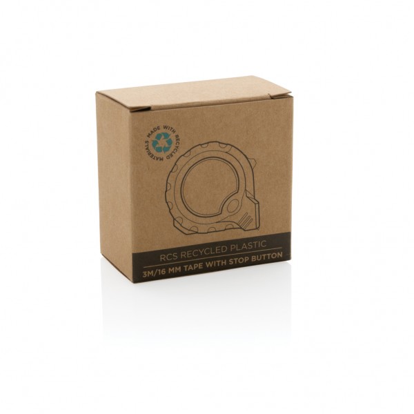 3m/16mm Maßband mit Stop-Taste aus RCS recycelt. Kunststoff, gelb