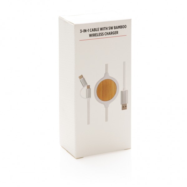 3-in-1 Kabel mit 5W Bambus Wireless Charger, weiß