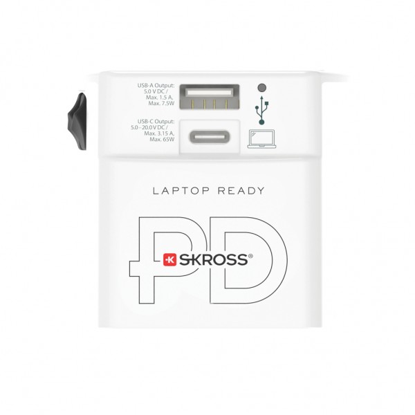SKROSS World Travel Adapter MUV 65W PD mit USB-C-Kabel, weiß