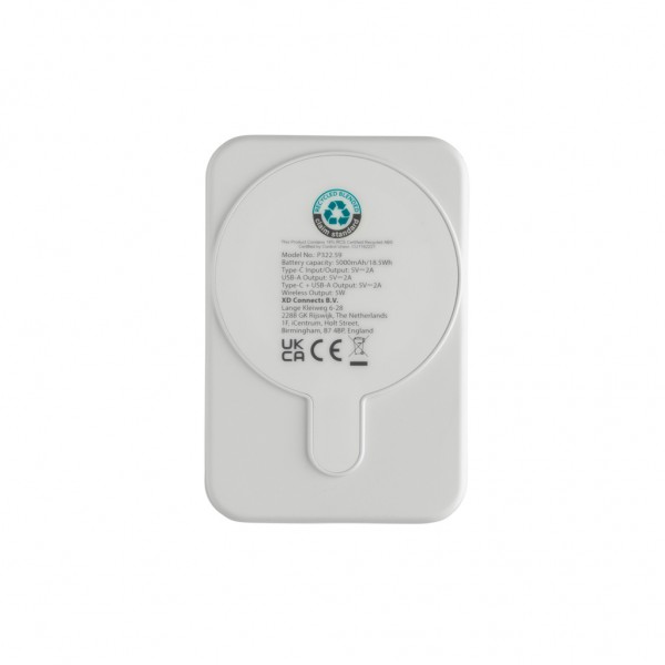 Stellar 5.000mAh 5W magnetische Powerbank aus RCS rec. ABS, weiß