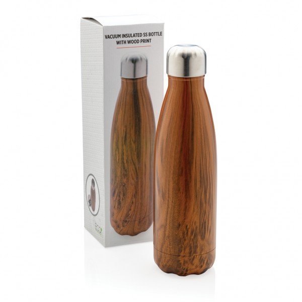 Vakuumisolierte Stainless Steel Flasche mit Holzoptik, braun