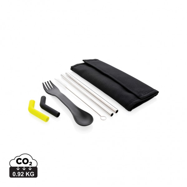 Tierra 2-teiliges Trinkhalm- und Besteckset, schwarz