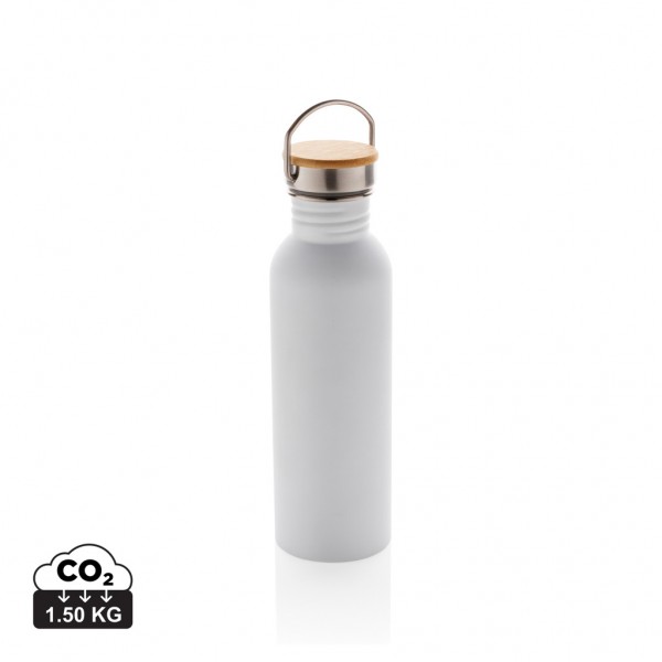 Moderne Stainless-Steel Flasche mit Bambusdeckel, weiß