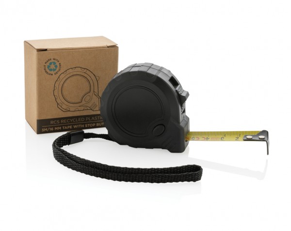 3m/16mm Maßband mit Stop-Taste aus RCS recycelt. Kunststoff, schwarz