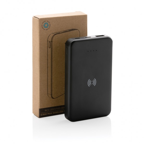 5.000mAh 5W Wireless Powerbank aus RCS recyceltem Kunststoff, schwarz