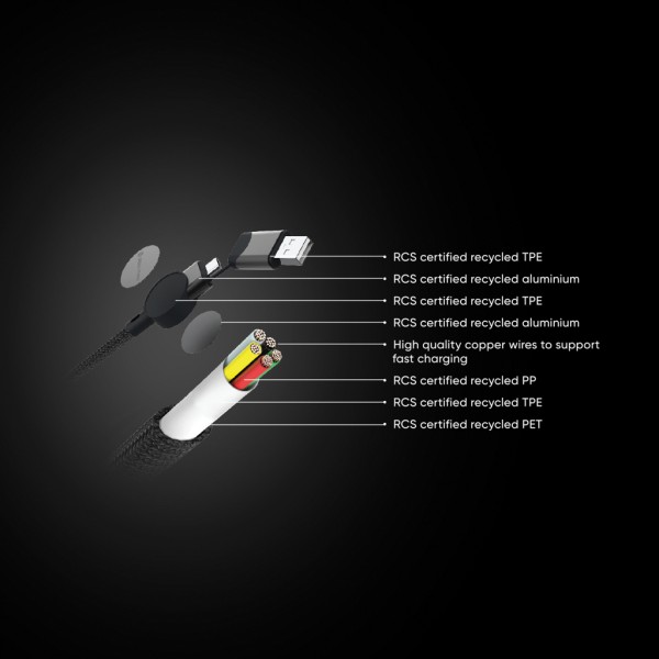 Oakland RCS rKunststoff 1,2m 6-in-1 Fast-Charging 45W Kabel, schwarz