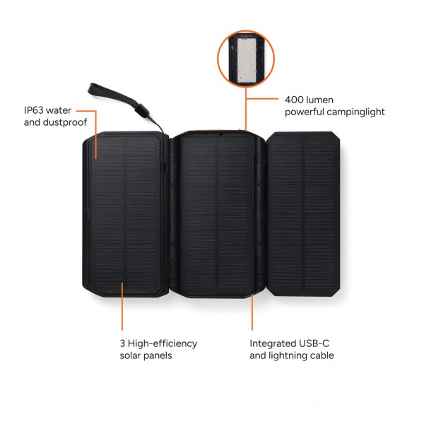 Nordic Drift Titan 10.000mAh Solar Powerbank with 3 Panels, schwarz