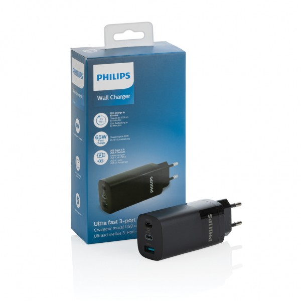 Philips 65W Ultra-Schnell-PD 3-Port-USB-Wandladegerät, schwarz