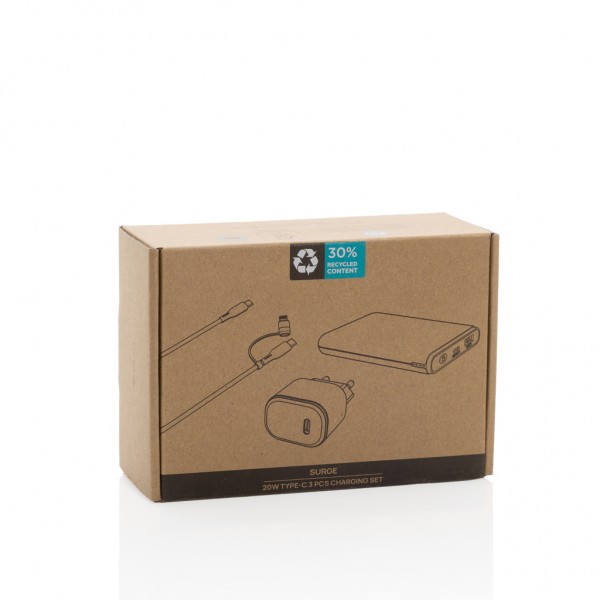 Surge 3-tlg. 20W Type-C Ladeset aus RCS recyceltem PET, schwarz