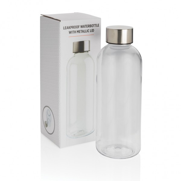 Auslaufsichere Trinkflasche mit Metalldeckel, transparent