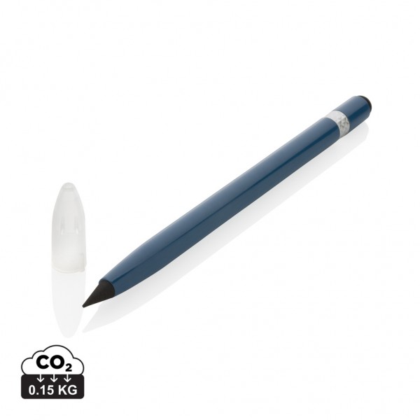 Tintenloser Stift aus Aluminium mit Radiergummi, blau