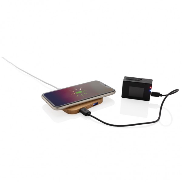 10W Wireless-Charger mit USB aus Bambus, braun