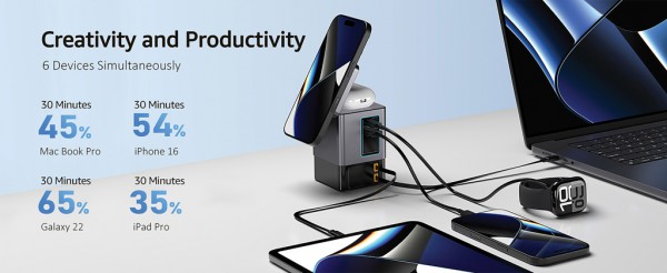 Urban Vitamin Sacramento 105W GaN Charger mit einz. Kabeln, grau