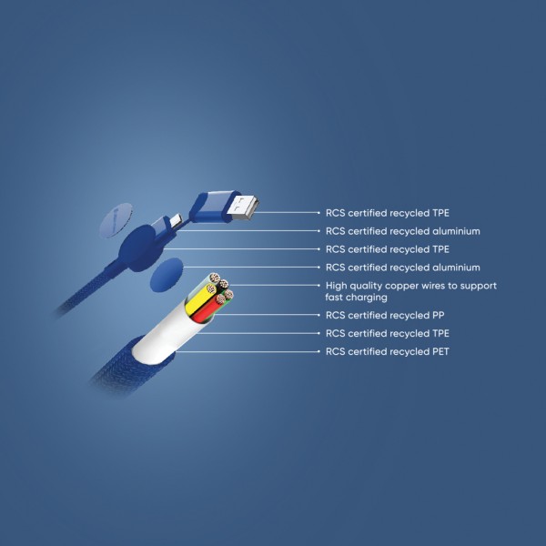 Oakland RCS rKunststoff 1,2m 6-in-1 Fast-Charging 45W Kabel, blau