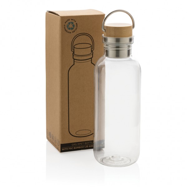 RCS rPET Flasche with Bambusdeckel und Griff, transparent