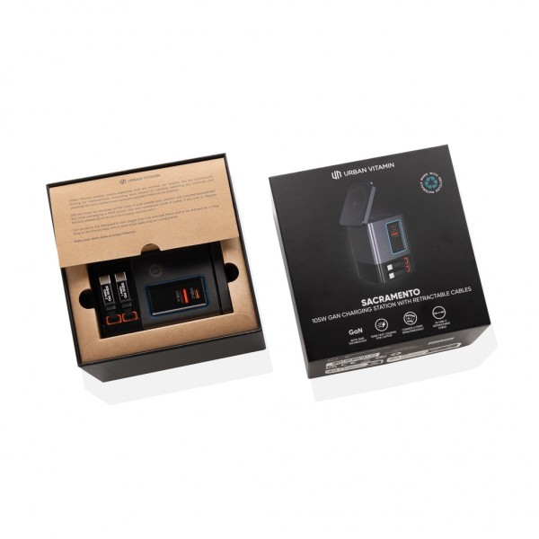 Urban Vitamin Sacramento 105W GaN Charger mit einz. Kabeln, grau