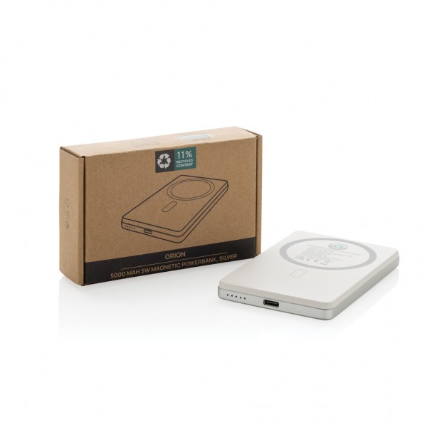 Orion 5.000mAh 5W magnetische Powerbank aus RCS rec. Alu, silber