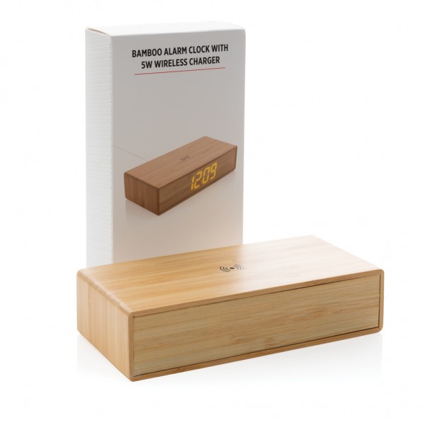 Wecker mit 5W Wireless Charger aus Bambus, braun