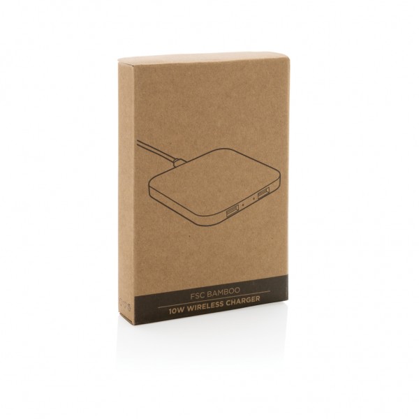 10W Wireless-Charger mit USB aus Bambus, braun