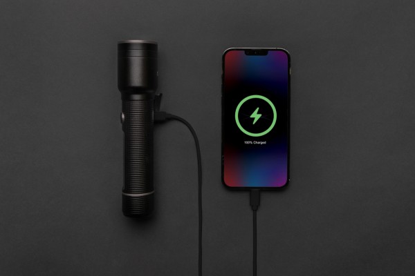 Heavy-Duty USB-Taschenlampe aus RCS recyceltem Aluminium, schwarz