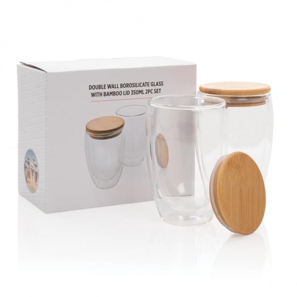 2-tlg Set Borosilikatgläser mit Bambusdeckel 350ml, transparent
