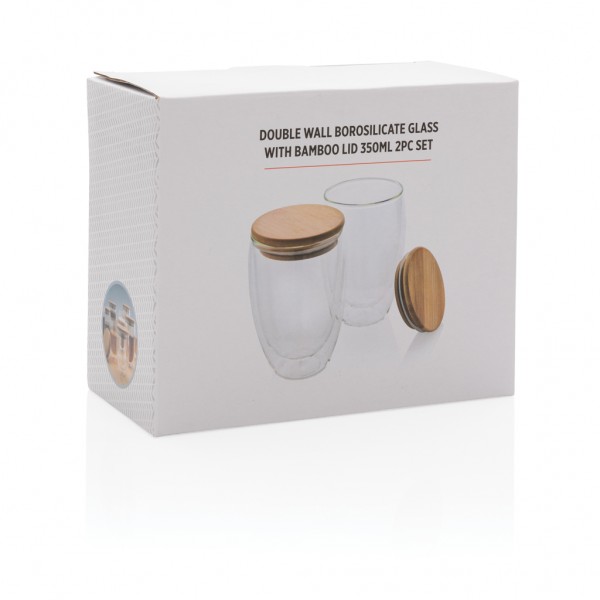 2-tlg Set Borosilikatgläser mit Bambusdeckel 350ml, transparent
