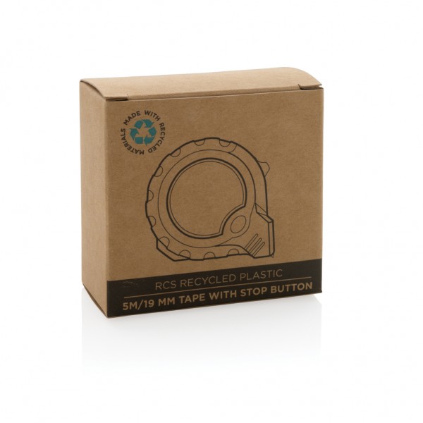 5m/19mm Maßband mit Stop-Taste aus RCS recycelt. Kunststoff, schwarz
