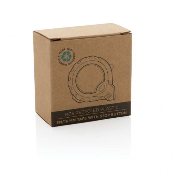 3m/16mm Maßband mit Stop-Taste aus RCS recycelt. Kunststoff, schwarz