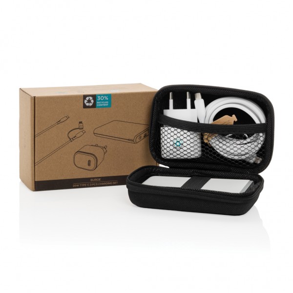 Surge 3-tlg. 20W Type-C Ladeset aus RCS recyceltem PET, schwarz