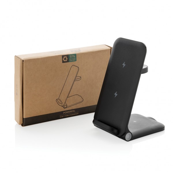 Powerpal 3-in-1 15W-Ladegerät aus RCS recyceltem Kunststoff, schwarz