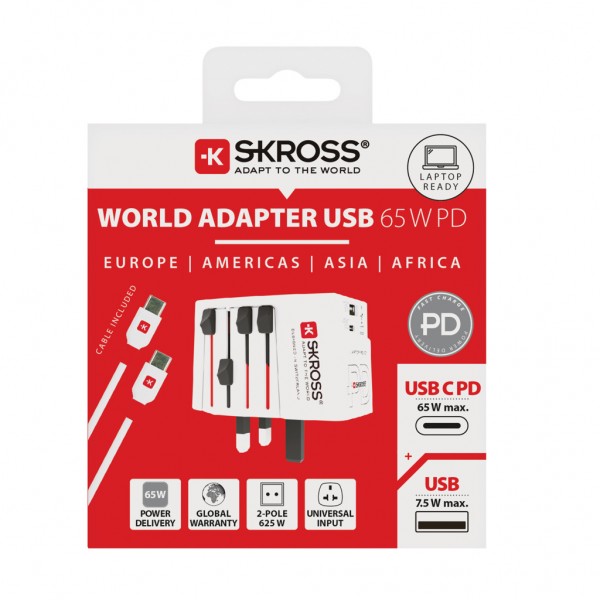 SKROSS World Travel Adapter MUV 65W PD mit USB-C-Kabel, weiß