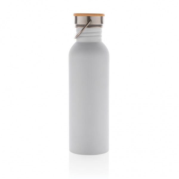 Moderne Stainless-Steel Flasche mit Bambusdeckel, weiß
