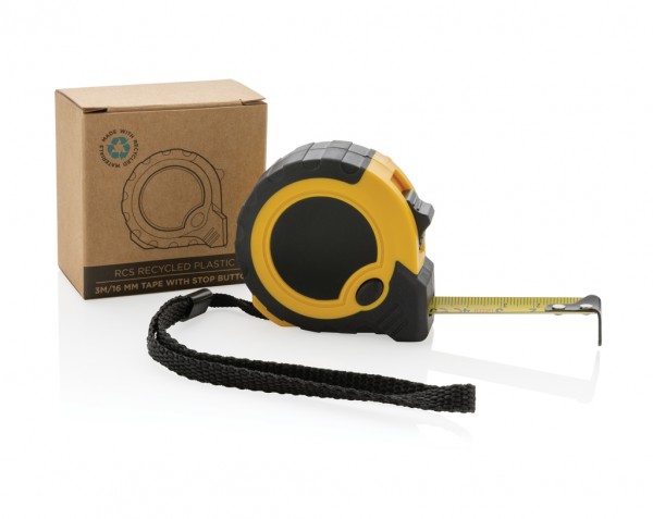 3m/16mm Maßband mit Stop-Taste aus RCS recycelt. Kunststoff, gelb