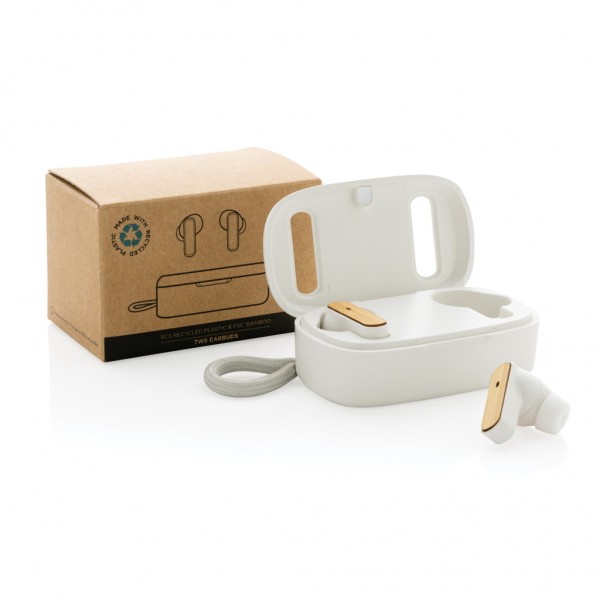 TWS-Ohrhörer aus recyceltem RCS-Kunststoff und Bambus, weiß