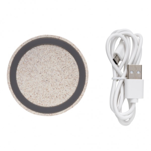 Rundes 5W Charging Pad aus Weizenstroh, khaki