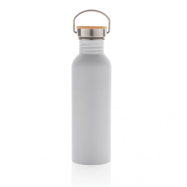 Moderne Stainless-Steel Flasche mit Bambusdeckel, weiß