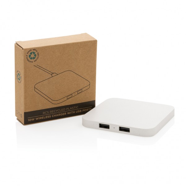 10W Wireless Charger aus RSC recycl. Kunststoff mit Dual-USB, weiß